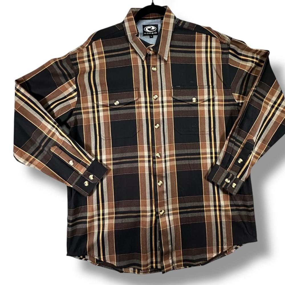 Roper Men's Brown & Black Plaid 100% Cotton Western Button Up Shirt Large